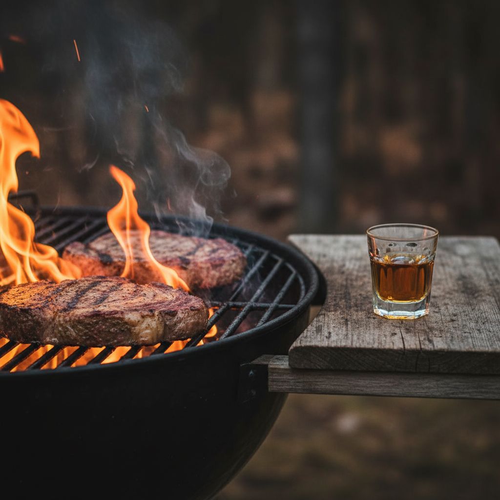 Feuerholz Shot neben dem Grill mit Flammen