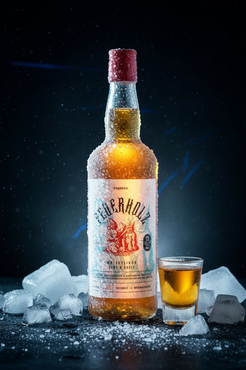 Gefrostete Feuerholz-Flasche mit Eiskristallen und Shot-Glas