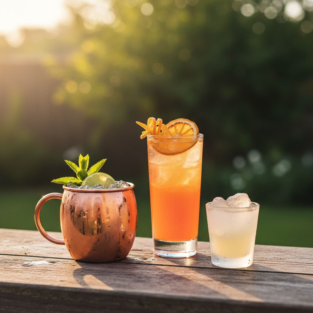 Drei Feuerholz Sommer-Cocktails auf einem Outdoor-Bartresen